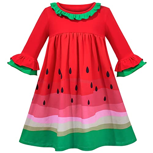 Sunny Fashion Mädchen Kleid rot Grün Wassermelone Niedlich Rüsche Glocke 3/4 Langarm Gr. 110 von Sunny Fashion