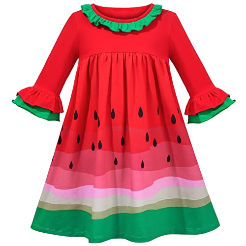 Sunny Fashion Mädchen Kleid rot Grün Wassermelone Niedlich Rüsche Glocke 3/4 Langarm Gr. 98 von Sunny Fashion