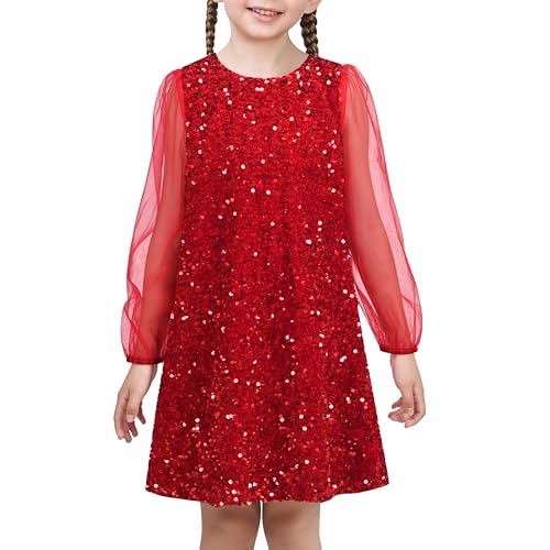 Sunny Fashion Mädchen Kleid rot Pailletten Transparentes Mesh Langarm Party Prinzessin Hochzeit Gr. 134,Rote Paillette,134 von Sunny Fashion
