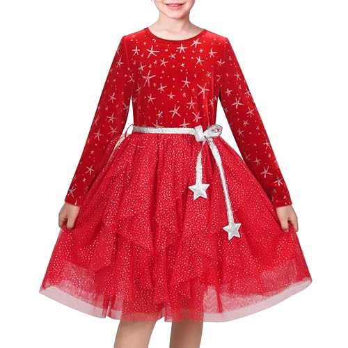 Sunny Fashion Mädchen Kleid rot Samt Tüll Funkeln Stern Silber Gürtel Ausgestellt Weihnachten Festlich Gr. 110,roter Stern,110 von Sunny Fashion