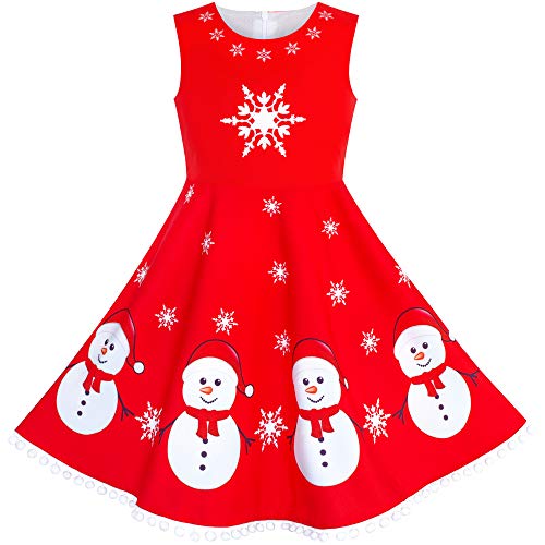 Sunny Fashion Mädchen Kleid rot Schneemann Schneeflocke Weihnachten Party Neujahr Ärmellos Gr. 98,Rotes Schneemannkleid,98 von Sunny Fashion
