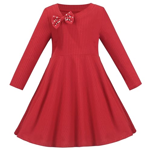 Sunny Fashion Mädchen Kleid rot Weihnachten Rippe Stricken Perle Bogen Beiläufig Party Gr. 134,Rote Fliege,134 von Sunny Fashion