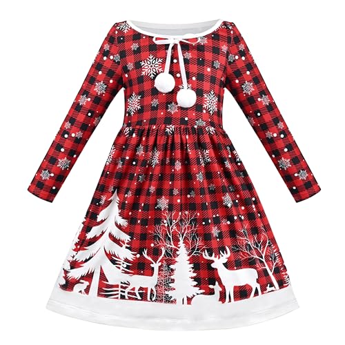 Sunny Fashion Mädchen Kleid rot Weihnachten Schneeflocke Baum Langarm Winter Urlaub Gr. 110,Rot Kariertes Weihnachten,110 von Sunny Fashion