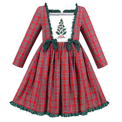 Sunny Fashion Mädchen Kleid rot Weihnachtsbaum Karierte Schecks Jahrgang Krawatte Quadratischer Hals Gr. 110,Rot Karierter Baum,110 von Sunny Fashion