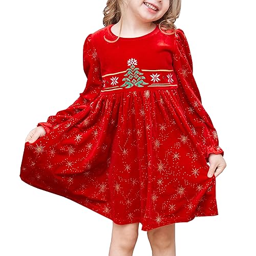 Sunny Fashion Mädchen Kleid rot Weihnachtsbaum Schneeflocke Weihnachtsmann Neujahr Party Gr. 116-122,Roter Samt,116-122 von Sunny Fashion