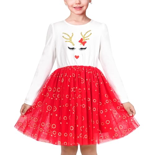 Sunny Fashion Mädchen Kleid rot Weiß Abschlag Rentier Polka Kreis Weihnachten Party Gr. 104,Roter Kreis,104 von Sunny Fashion
