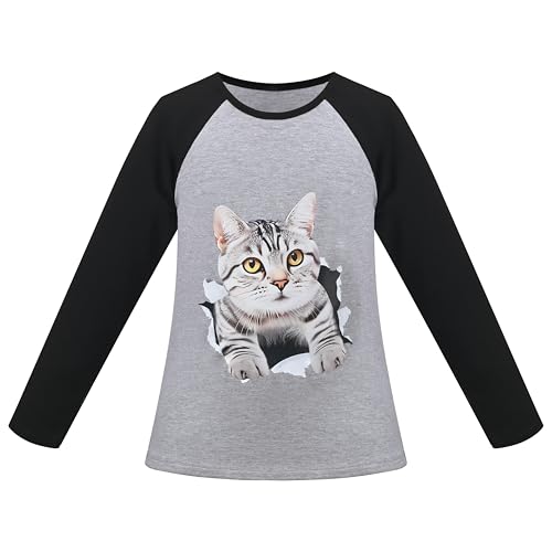 Sunny Fashion Mädchen Top- Hemd Langarm Zur Seite Fahren Katzendruck Weiche Baumwolle Lose Täglich Gr. 128-134,Graue Katze,128-134 von Sunny Fashion