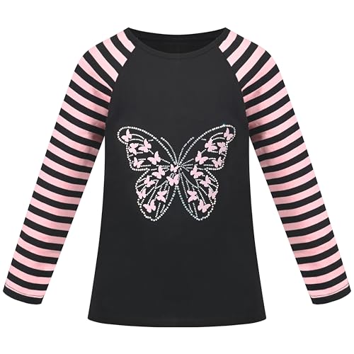 Sunny Fashion Mädchen Top- Hemd Langarm Zur Seite Fahren Schmetterling Gestreift Ärmel Beiläufig Gr. 128-134,Blauer Schmetterling,128-134 von Sunny Fashion