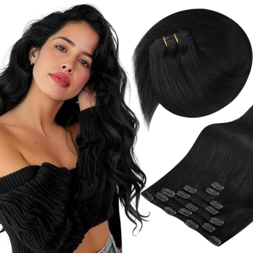 Sunny Clip-in-Extensions aus Naturhaar, schwarz, #1, unsichtbar, doppelte Tresse, schwarz, Clip-in-Extensions, 45 cm, 7 Stück, 100 g (Capelli), gerade für Frauen von Sunny Hair
