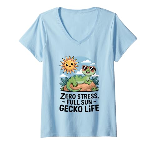 Damen Zero Stress, Full Sun Gecko Life – Cute Funny Reptile T-Shirt mit V-Ausschnitt Damen Zero Stress, Full Sun Gecko Life – Cute Funny Reptile T-Shirt mit V-Ausschnitt von Sunny Scales Apparel Terraristik