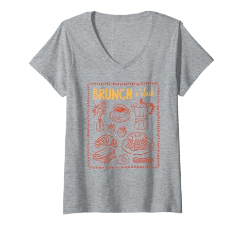 Damen Brunch O'Clock Frühstück Kaffee Pfannkuchen Speck Lustiges Essen T-Shirt mit V-Ausschnitt von Sunny Side All-Day Brunch Graphic Tee Co.
