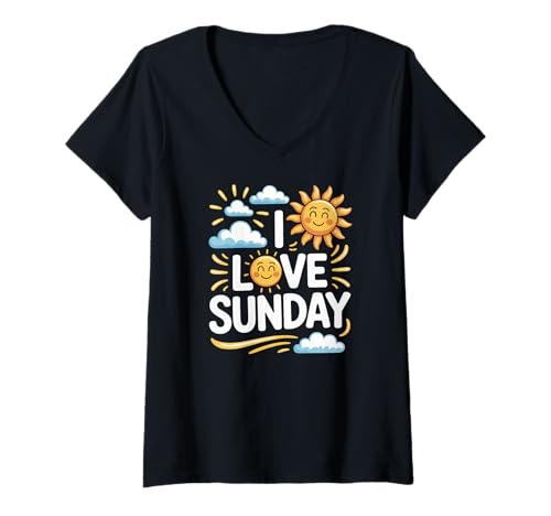 Damen Ich Liebe Sonntag, lächelnde Sonne und Wolken, glücklich T-Shirt mit V-Ausschnitt Damen Ich Liebe Sonntag, lächelnde Sonne und Wolken, glücklich T-Shirt mit V-Ausschnitt von Sunny Sunday Lovers Happy Sunshine Vibes