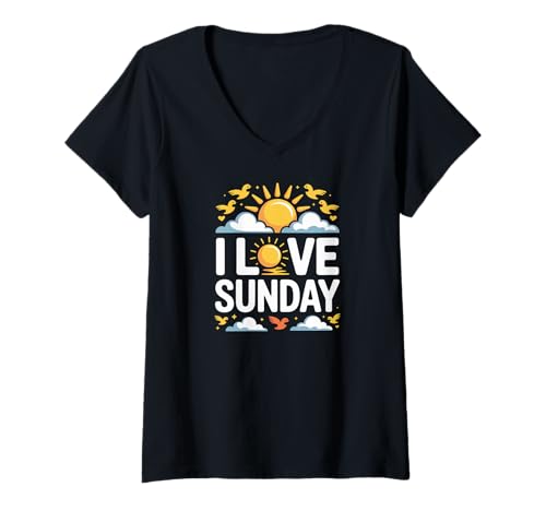 Damen Ich Liebe Sunday Sunshine Vibes T-Shirt mit V-Ausschnitt Damen Ich Liebe Sunday Sunshine Vibes T-Shirt mit V-Ausschnitt von Sunny Weekend Bliss Enthusiasts