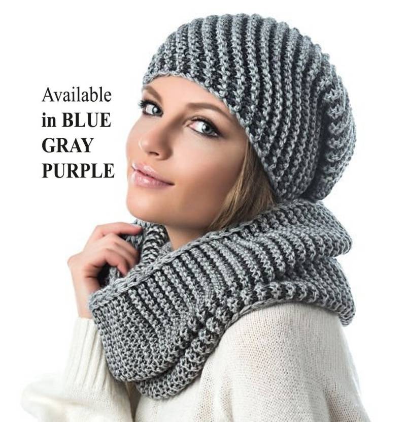 Winter Frauen Hut Und Infinity-Schal-Set, Diagonal Ripp Hut, Winter Frau Mütze, Beanie Accessoires, Chunky Schwarze Hut von SunnyBunnyCrochet