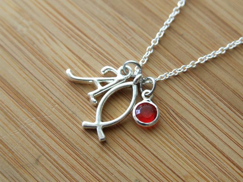 Religiöse Halskette, Symbol Des Christentums Anhänger, Skript Brief Personalisierte, Birthstone Benutzerdefinierte Geschenk von SunnyCharms