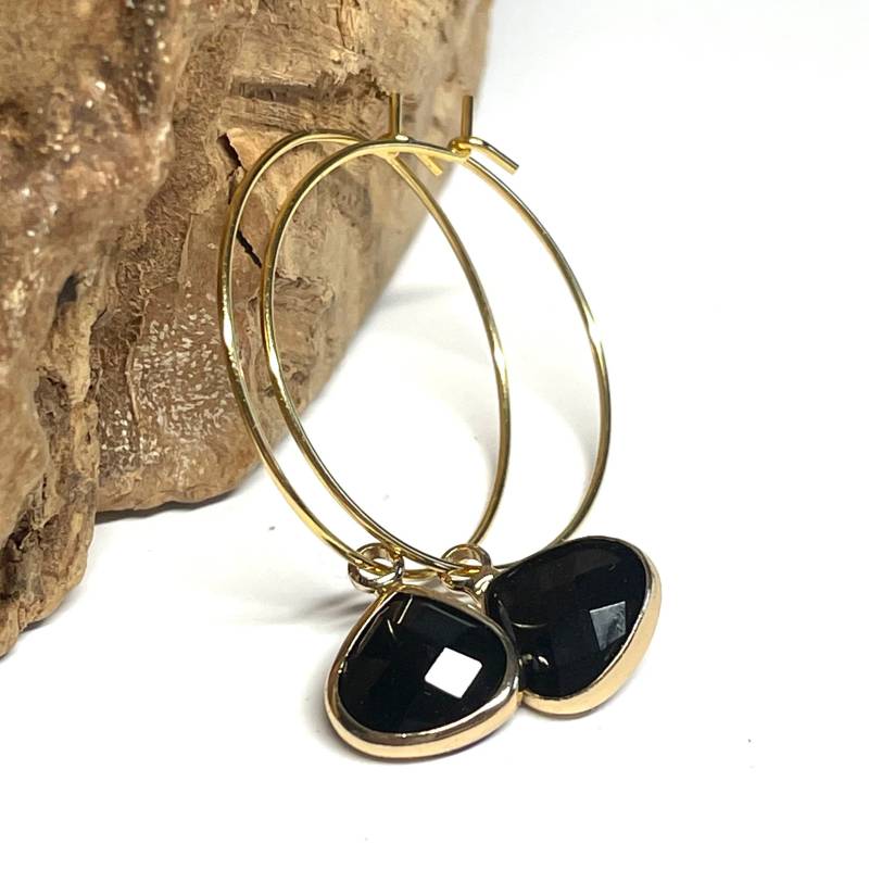 Gold Kreolen Mit Schwarzem Kristallglas Anhänger von SunnyKreativShop