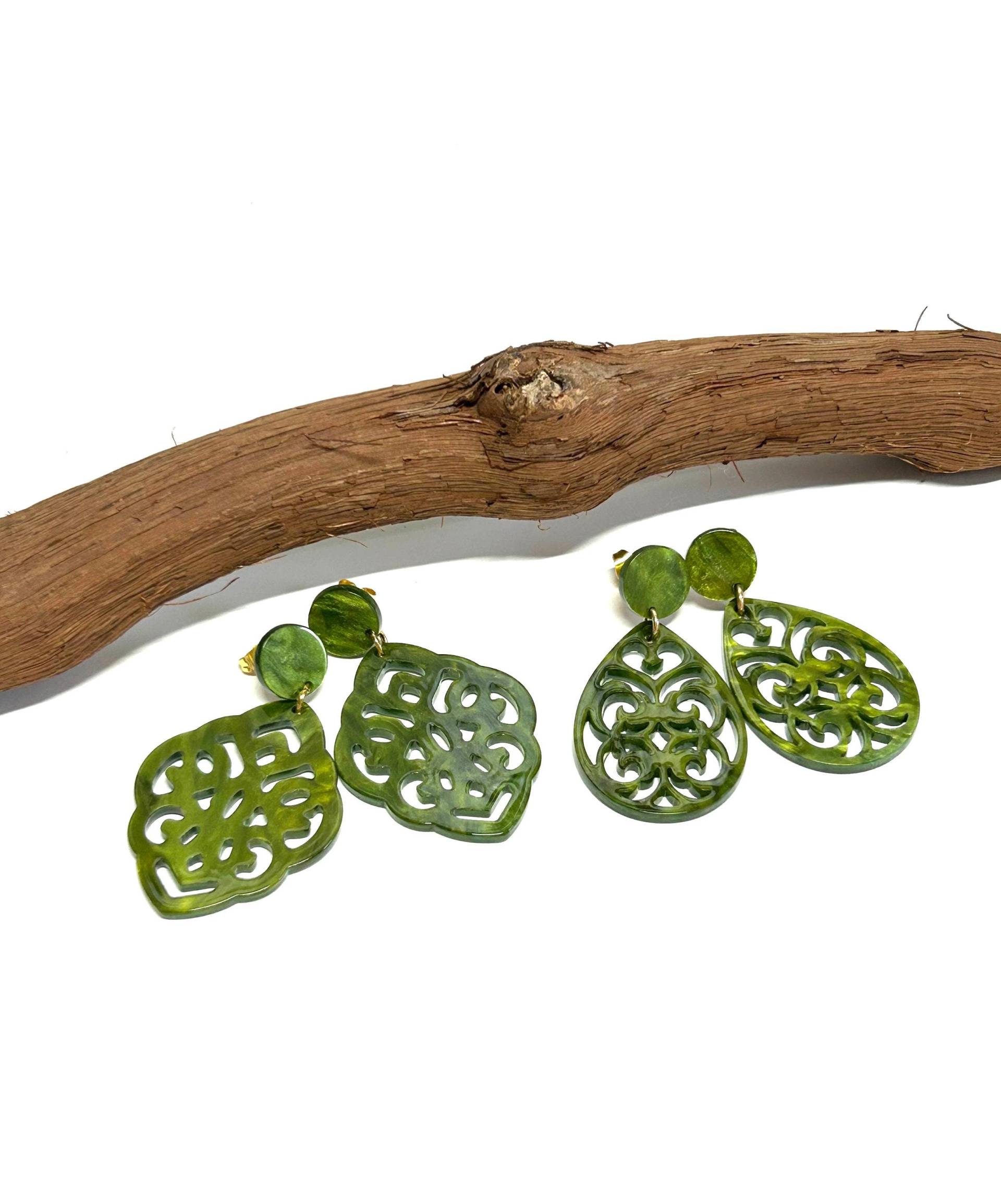 Hängeohrringe Resin Ornamente Tropfen Barock Boho Statement Ohrringe Gross Mit Edelstahlstecker Allergiker Geeignet Olivgrün von SunnyKreativShop