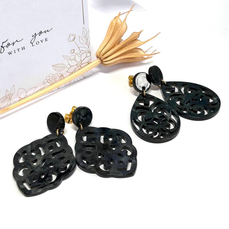 statement Ohrringe Gross Barock Ornament Tropfen Boho Kreolen Ohrstecker Hoops Schwarz Edelstahlstecker Allergiker Geeignet von SunnyKreativShop