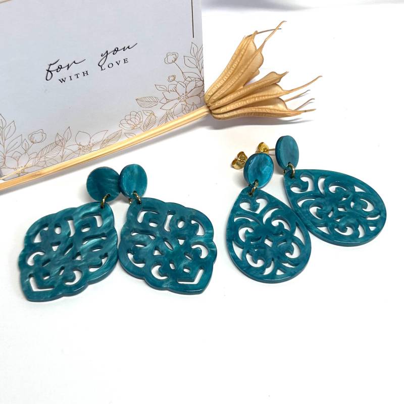 statement Ohrringe Gross Barock Ornament Boho Ohrstecker Aqua Gold Edelstahlstecker Allergiker Geeignet Resin Lackohrringe von SunnyKreativShop
