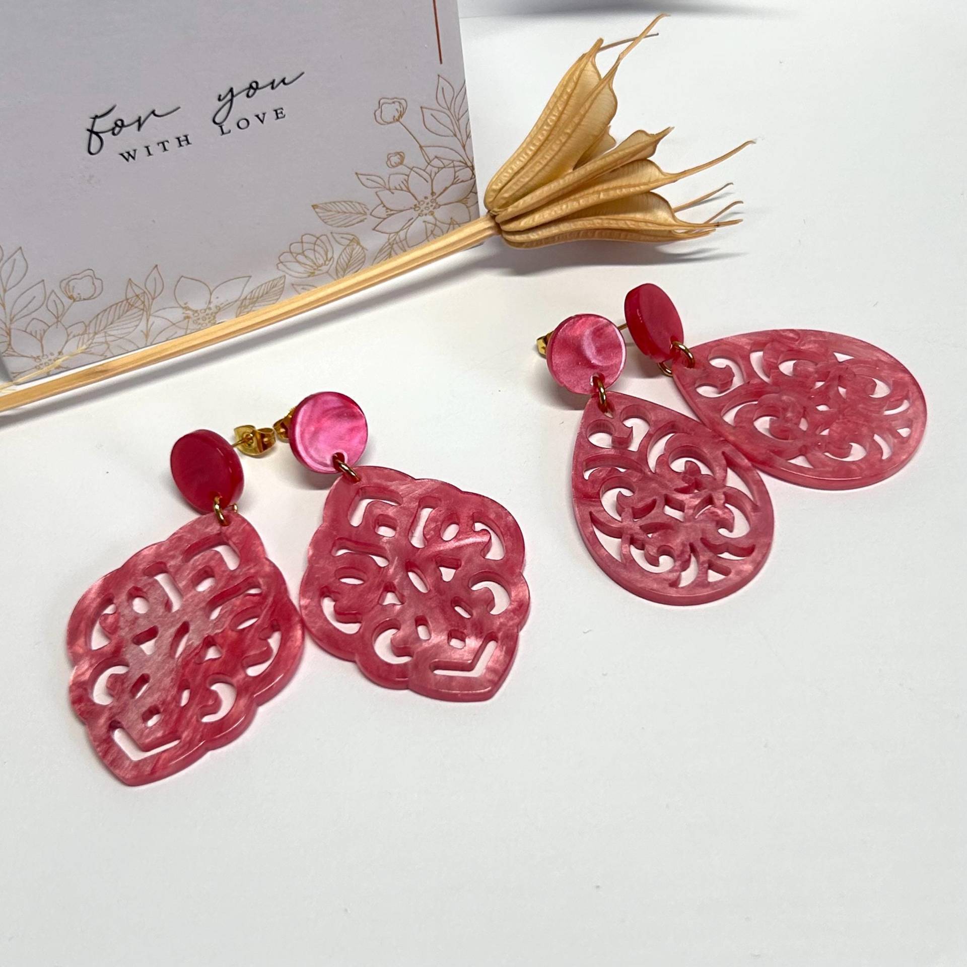 statement Ohrringe Gross Barock Ornament Boho Ohrstecker Rosé Gold Edelstahlstecker Allergiker Geeignet Resin Lackohrringe von SunnyKreativShop