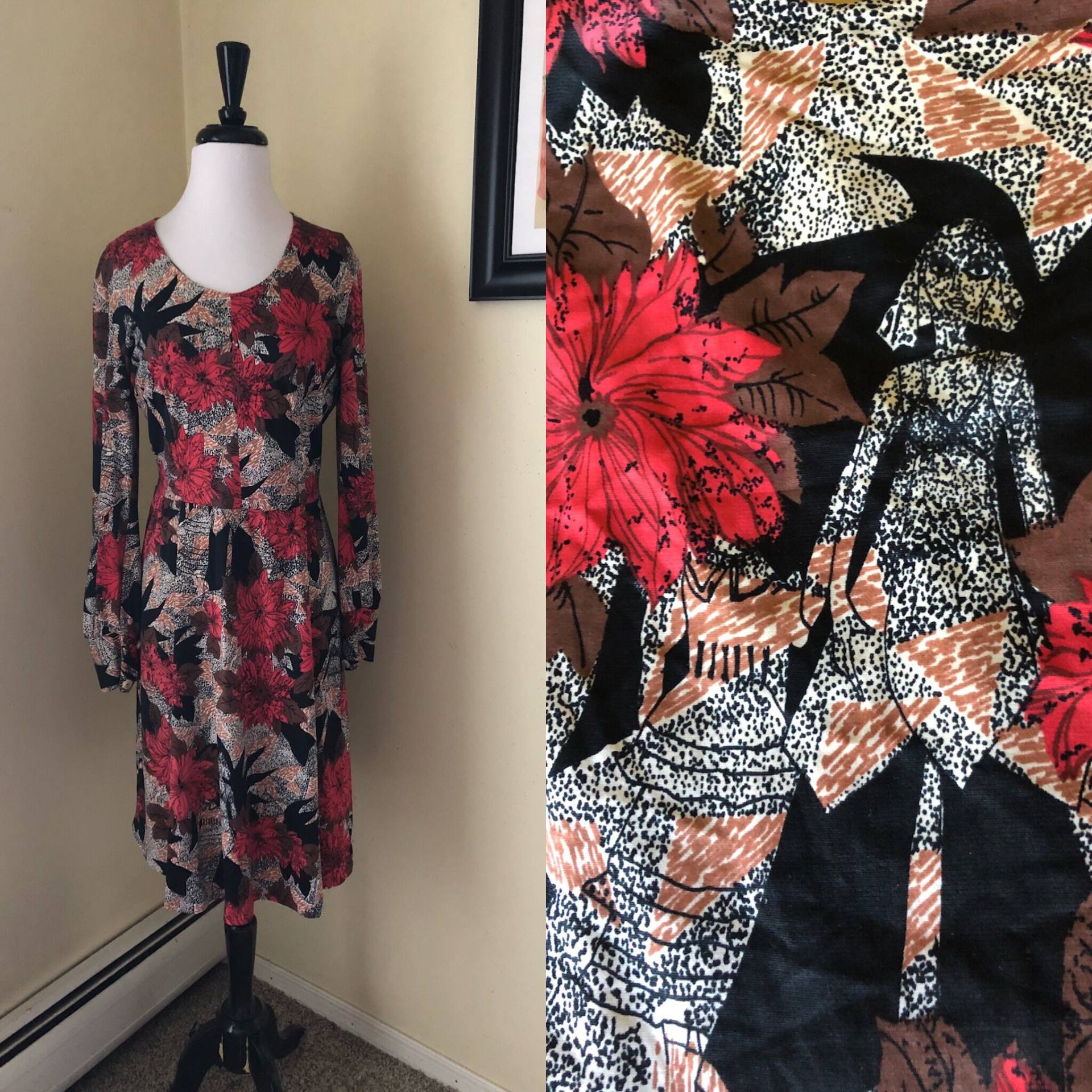 Jahrgang 1970 Rot Neuheit Kunstdruck Kleid Pointillismus Punkte Größe M Medium von Sunnycrick