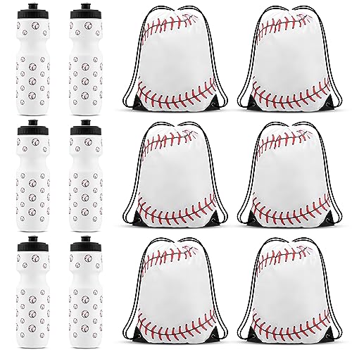 Sunnyray 12 Stück Baseball-Partygeschenke, 6 Stück 33 x 43 cm Baseball-Tasche mit Kordelzug und 6 Stück 680 ml Baseball-Sportbecher, Kordelzug, Rucksack, Kaffee, Reisebecher, Baseball-Tasche, von Sunnyray