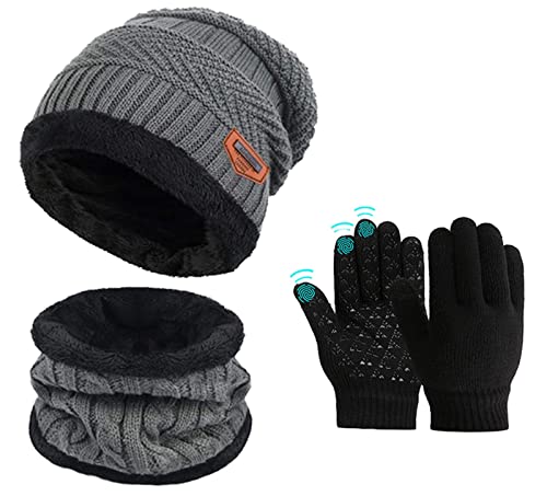 Kinder Jungen Wintermütze Beanie Hut Schal mit Touchscreen Handschuhe Set Slouchy Junge Strickmütze Warme Mützen Jungs Cap Fleecefutter Mädchen Hat Rutschfeste Handschuhe von Sunnysnow