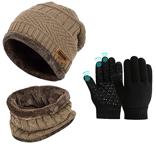 Kinder Jungen Wintermütze Beanie Hut Schal mit Touchscreen Handschuhe Set Slouchy Junge Strickmütze Warme Mützen Jungs Cap Fleecefutter Mädchen Hat rutschfeste Handschuhe von Sunnysnow