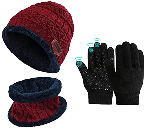 Kinder Jungen Wintermütze Beanie Hut Schal mit Touchscreen Handschuhe Set Slouchy Junge Strickmütze Warme Mützen Jungs Cap Fleecefutter Mädchen Hat rutschfeste Handschuhe von Sunnysnow