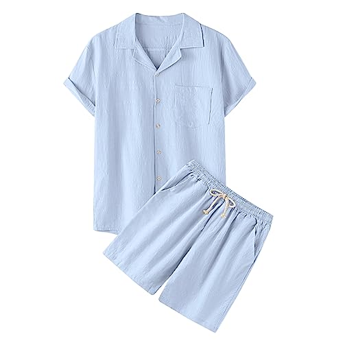 2 Teiler Herren Sommer Einfarbig Musselin Sportanzug Leinenanzug Herren Zweiteiliges Kurzarm Button-Up Revers Hemd und Shorts Set Jogginganzug Trainingsanzug Hawaii Anzug Sommer (B01-Light Blue, L) von Sunnyuk