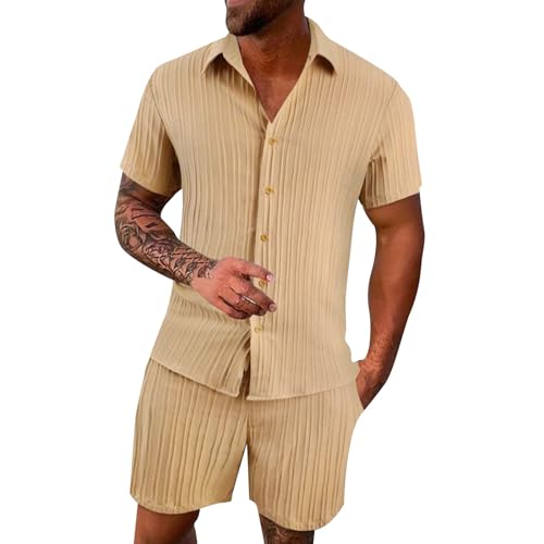 2 Teiler Herren Sommer Einfarbig Musselin Sportanzug Leinenanzug Herren Zweiteiliges Kurzarm Button-Up Revers Hemd und Shorts Set Jogginganzug Trainingsanzug Hawaii Anzug Sommer Outfit von Sunnyuk