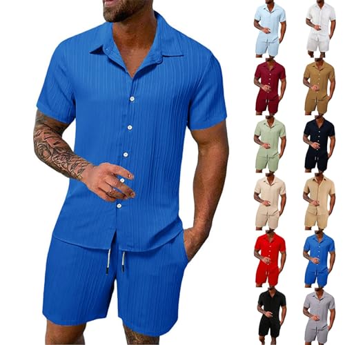 2 Teiler Herren Sommer Einfarbig Musselin Sportanzug Leinenanzug Herren Zweiteiliges Kurzarm Button-Up Revers Hemd und Shorts Set Jogginganzug Trainingsanzug Hawaii Anzug Sommer Outfit von Sunnyuk