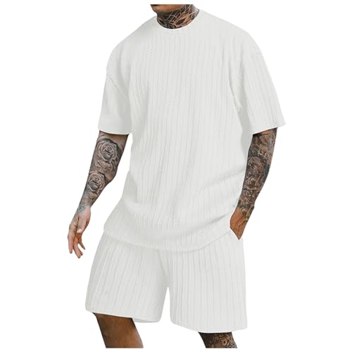 2 Teiler Herren Sommer Einfarbig Musselin Sportanzug Leinenanzug Herren Zweiteiliges Kurzarm Button-Up Revers Hemd und Shorts Set Jogginganzug Trainingsanzug Hawaii Anzug Sommer Outfit von Sunnyuk