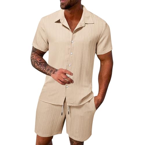 2 Teiler Herren Sommer Einfarbig Musselin Sportanzug Leinenanzug Herren Zweiteiliges Kurzarm Button-Up Revers Hemd und Shorts Set Jogginganzug Trainingsanzug Hawaii Anzug Sommer Outfit von Sunnyuk
