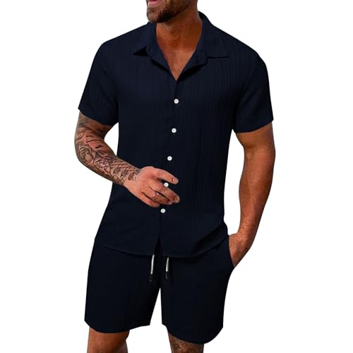 2 Teiler Herren Sommer Einfarbig Musselin Sportanzug Leinenanzug Herren Zweiteiliges Kurzarm Button-Up Revers Hemd und Shorts Set Jogginganzug Trainingsanzug Hawaii Anzug Sommer Outfit von Sunnyuk
