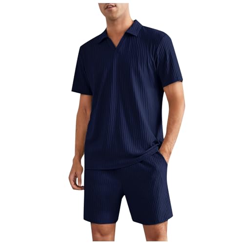 2 Teiler Herren Sommer Einfarbig Musselin Sportanzug Leinenanzug Herren Zweiteiliges Kurzarm Button-Up Revers Hemd und Shorts Set Jogginganzug Trainingsanzug Hawaii Anzug Sommer Outfit von Sunnyuk