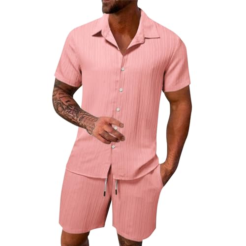 2 Teiler Herren Sommer Einfarbig Musselin Sportanzug Leinenanzug Herren Zweiteiliges Kurzarm Button-Up Revers Hemd und Shorts Set Jogginganzug Trainingsanzug Hawaii Anzug Sommer Outfit von Sunnyuk