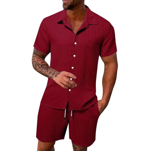 2 Teiler Herren Sommer Einfarbig Musselin Sportanzug Leinenanzug Herren Zweiteiliges Kurzarm Button-Up Revers Hemd und Shorts Set Jogginganzug Trainingsanzug Hawaii Anzug Sommer Outfit von Sunnyuk