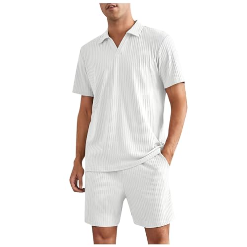 2 Teiler Herren Sommer Einfarbig Musselin Sportanzug Leinenanzug Herren Zweiteiliges Kurzarm Button-Up Revers Hemd und Shorts Set Jogginganzug Trainingsanzug Hawaii Anzug Sommer Outfit von Sunnyuk
