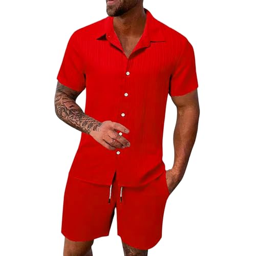 2 Teiler Herren Sommer Einfarbig Musselin Sportanzug Leinenanzug Herren Zweiteiliges Kurzarm Button-Up Revers Hemd und Shorts Set Jogginganzug Trainingsanzug Hawaii Anzug Sommer Outfit von Sunnyuk