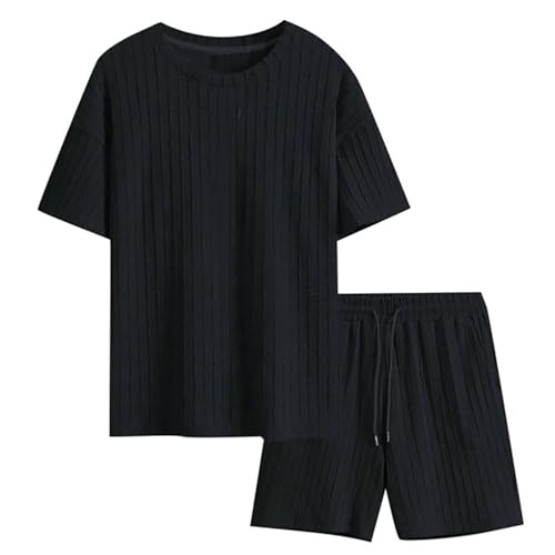 2 Teiler Herren Sommer Einfarbig Musselin Sportanzug Leinenanzug Herren Zweiteiliges Kurzarm Button-Up Revers Hemd und Shorts Set Jogginganzug Trainingsanzug Hawaii Anzug Sommer Outfit von Sunnyuk