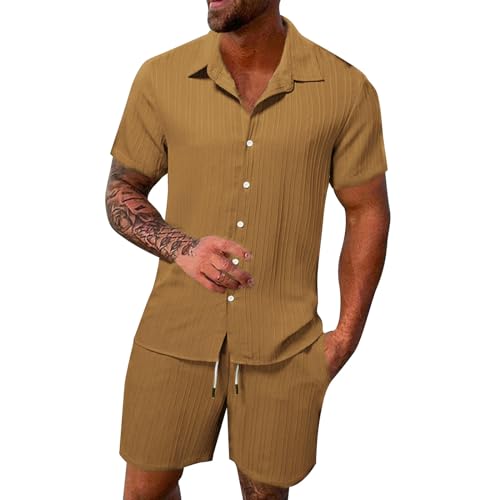 2 Teiler Herren Sommer Einfarbig Musselin Sportanzug Leinenanzug Herren Zweiteiliges Kurzarm Button-Up Revers Hemd und Shorts Set Jogginganzug Trainingsanzug Hawaii Anzug Sommer Outfit von Sunnyuk