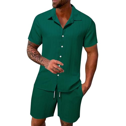 2 Teiler Herren Sommer Einfarbig Musselin Sportanzug Leinenanzug Herren Zweiteiliges Kurzarm Button-Up Revers Hemd und Shorts Set Jogginganzug Trainingsanzug Hawaii Anzug Sommer Outfit von Sunnyuk