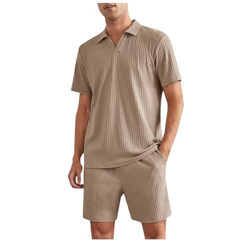 2 Teiler Herren Sommer Einfarbig Musselin Sportanzug Leinenanzug Herren Zweiteiliges Kurzarm Button-Up Revers Hemd und Shorts Set Jogginganzug Trainingsanzug Hawaii Anzug Sommer Outfit von Sunnyuk