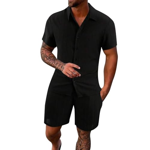 2 Teiler Herren Sommer Leinenanzug Einfarbig Zweiteiler Kurz Button-Up Revers Hemd und Shorts Beach Shirt Kurze Hose Set Leinen Anzug Leicht Mode Leinen Set Strand Festival Klamotten Herren von Sunnyuk