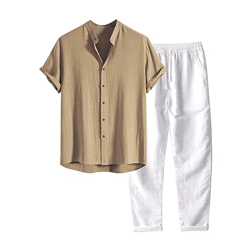 2 Teiler Herren Sommer Leinenanzug Einfarbig Zweiteiler Kurz Button-Up Revers Hemd und Shorts Beach Shirt Kurze Hose Set Leinen Anzug Leicht Mode Leinen Set Strand Festival Klamotten Herren von Sunnyuk
