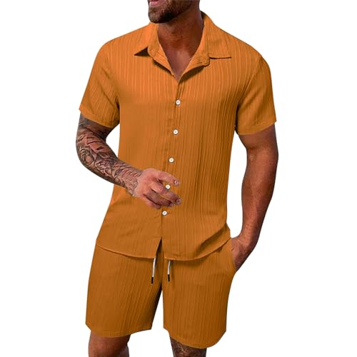 2 Teiler Herren Sommer Leinenanzug Einfarbig Zweiteiler Kurz Button-Up Revers Hemd und Shorts Beach Shirt Kurze Hose Set Leinen Anzug Leicht Mode Leinen Set Strand Festival Klamotten Herren von Sunnyuk