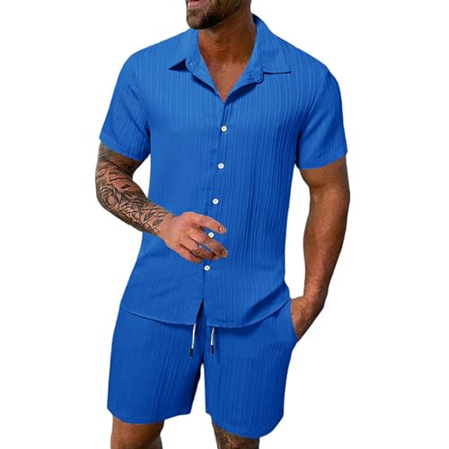 2 Teiler Herren Sommer Leinenanzug Einfarbig Zweiteiler Kurz Button-Up Revers Hemd und Shorts Beach Shirt Kurze Hose Set Leinen Anzug Leicht Mode Leinen Set Strand Festival Klamotten Herren von Sunnyuk