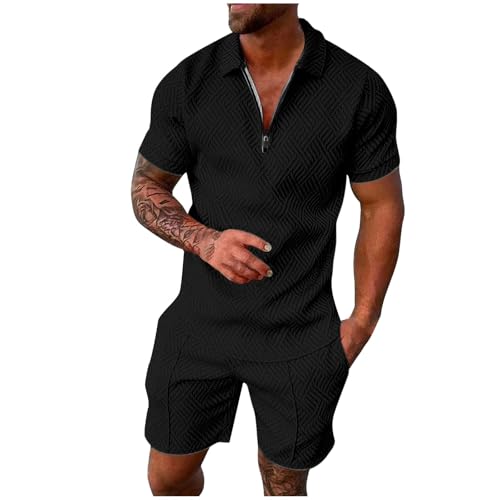 2 Teiler Herren Sommer Outfit Zweiteiler Trainingsanzug Kurzarm Reißverschluss Poloshirt und Kurze Hose Set Kleidung Sportanzug Casual Jogginganzug Freizeitanzug Sport Anzug von Sunnyuk