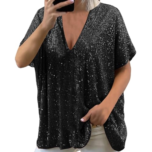 2024 Neue Glitzer Oberteile Damen Party Pailletten Oberteil Langarm Kurzarm Sexy V-Ausschnitt Festliche Blusen Elegant Große Größe Silber T-Shirt Gold Bluse Hochzeit Glitzertop Tunika Damenbluse von Sunnyuk